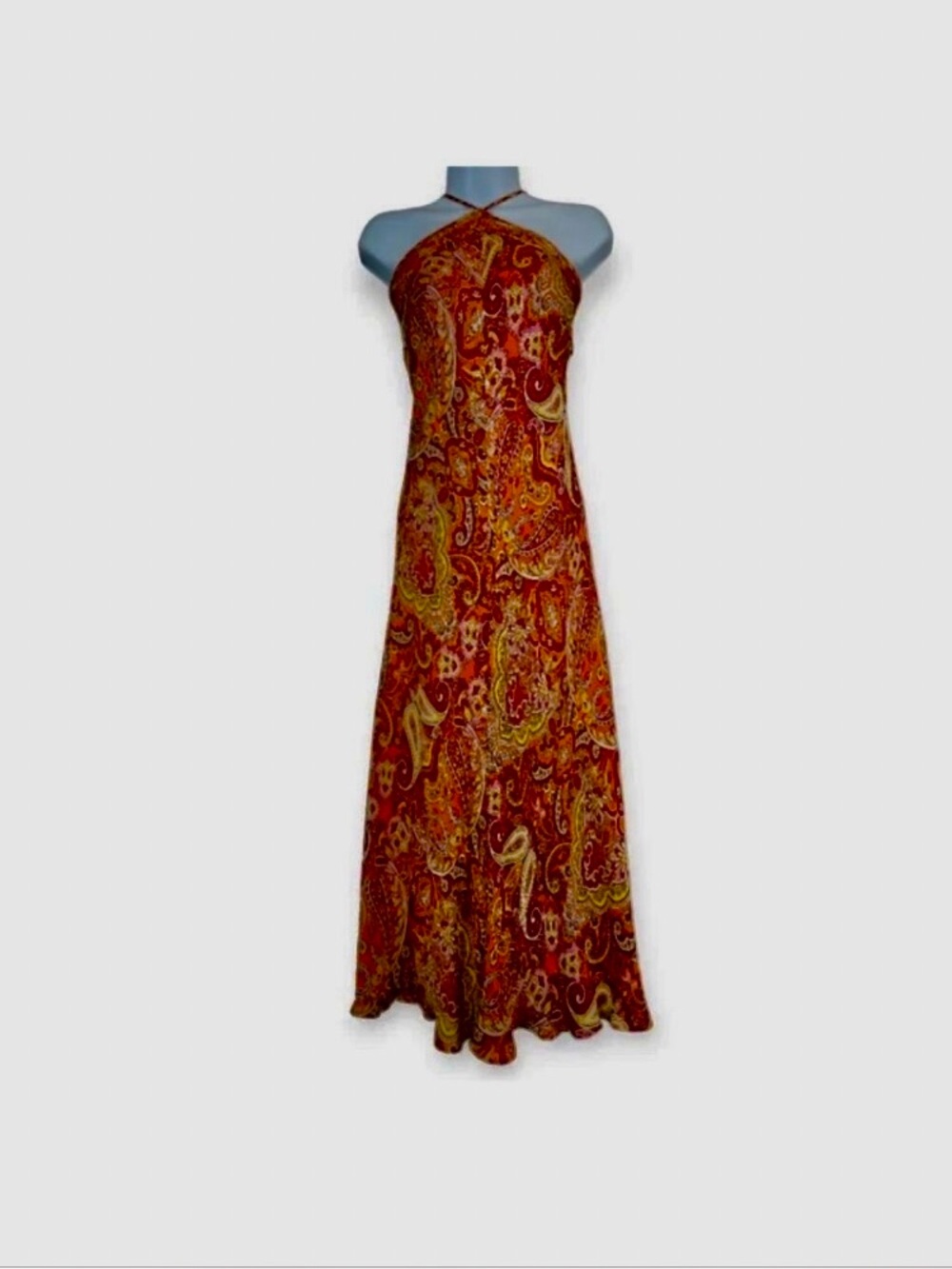 New Silk Wrap Halter Neck Red Paisley Maxi Dress